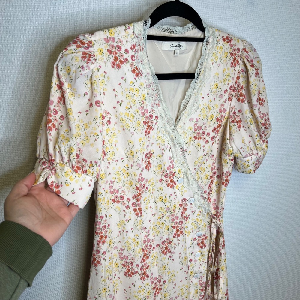 Simple Retro Floral Lace Trim Wrap Midi Dress Pink Yellow Puff‎ Sleeve Womens M
